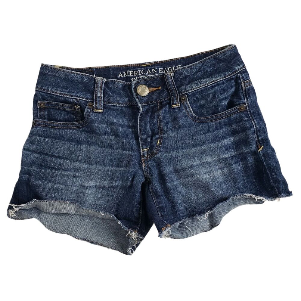 American Eagle Womens Shorts Size 00 Shortie Blue Jean Super Stretch Raw Hem